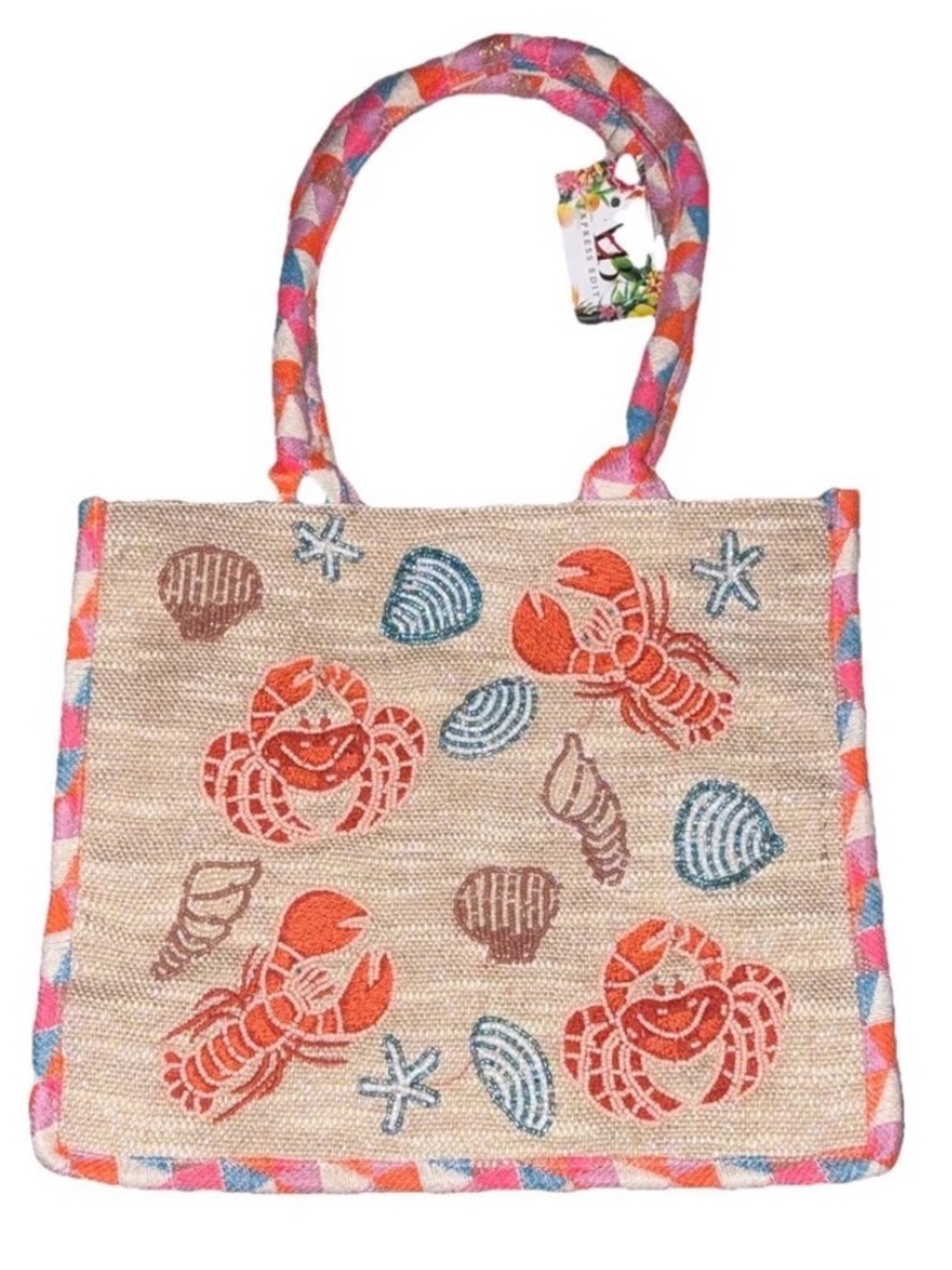 Beaded Coastal Tote with Lobster & Shell Motifs - Natural, Coral & Teal NWT